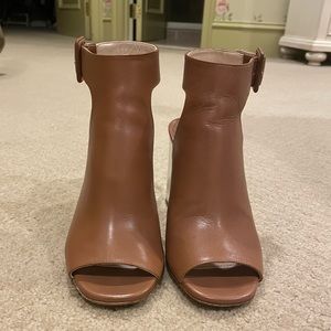 Prada Tan Leather Open-Toe Ankle-Wrap Booties